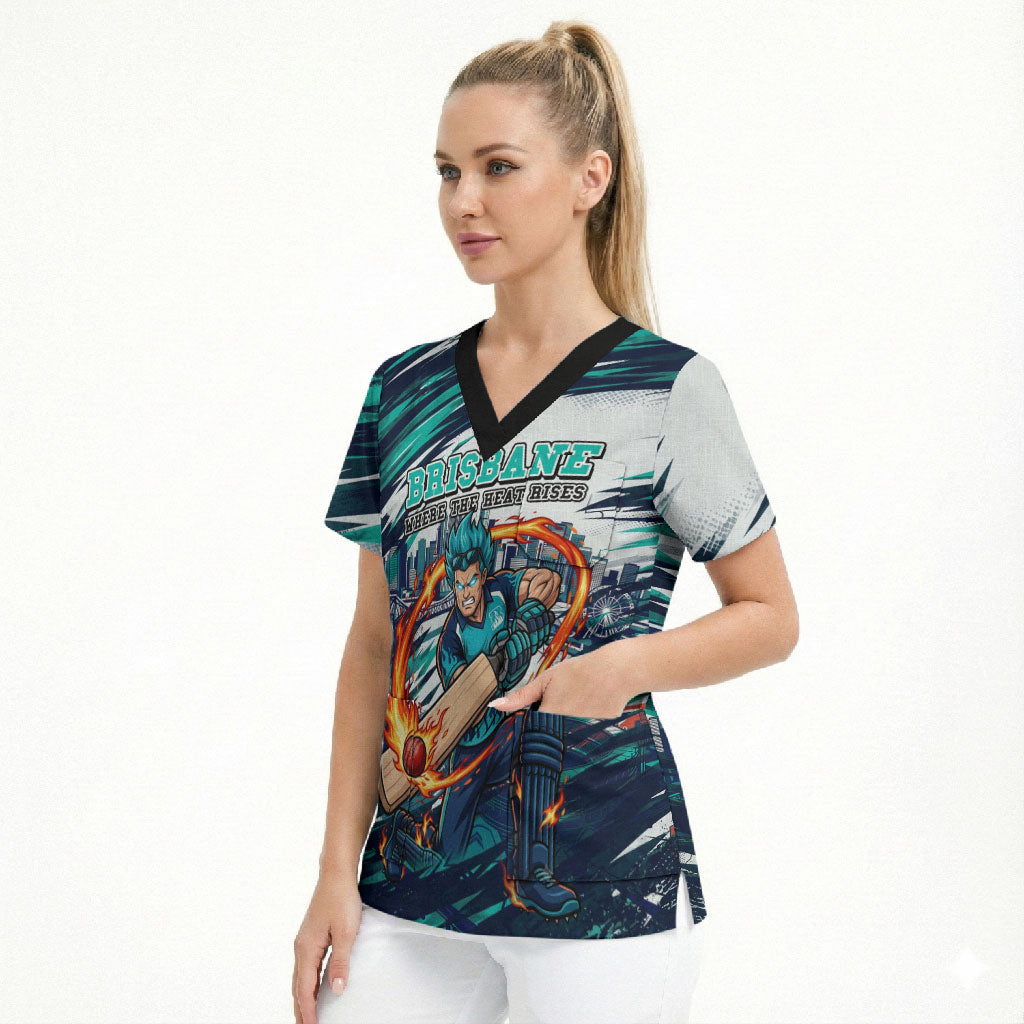 Personalised Brisbane Heat Cricket Fan Pride Scrub Top Dynamic Flaming Cricket Graphic Art With Brisbane Skyline