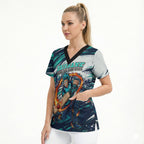 Personalised Brisbane Heat Cricket Fan Pride Scrub Top Dynamic Flaming Cricket Graphic Art With Brisbane Skyline