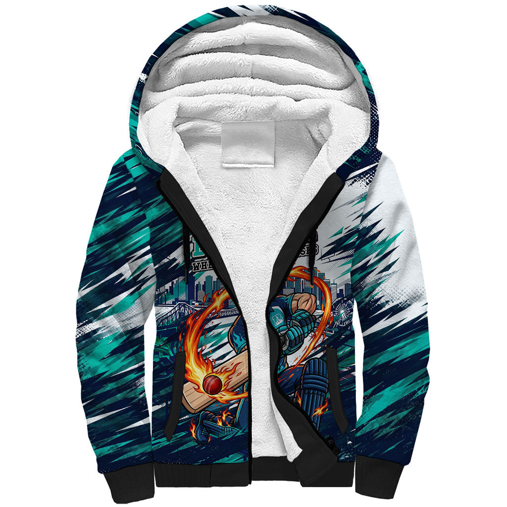 Personalised Brisbane Heat Cricket Fan Pride Sherpa Hoodie Dynamic Flaming Cricket Graphic Art With Brisbane Skyline