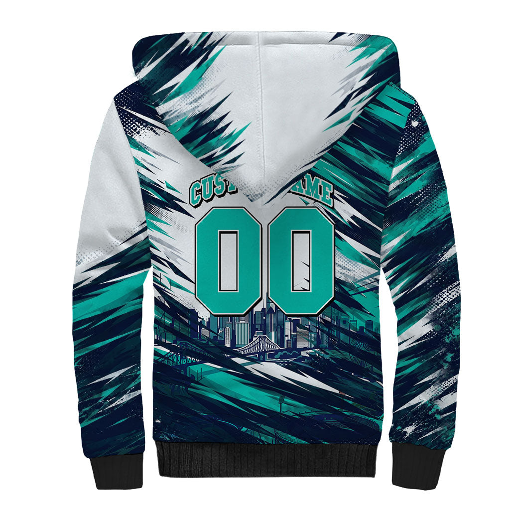 Personalised Brisbane Heat Cricket Fan Pride Sherpa Hoodie Dynamic Flaming Cricket Graphic Art With Brisbane Skyline
