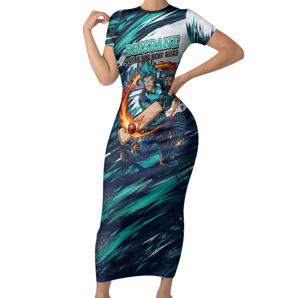 Personalised Brisbane Heat Cricket Fan Pride Short Sleeve Bodycon Dress Dynamic Flaming Cricket Graphic Art With Brisbane Skyline