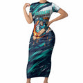 Personalised Brisbane Heat Cricket Fan Pride Short Sleeve Bodycon Dress Dynamic Flaming Cricket Graphic Art With Brisbane Skyline