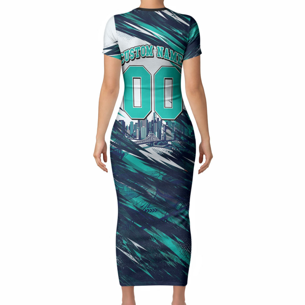 Personalised Brisbane Heat Cricket Fan Pride Short Sleeve Bodycon Dress Dynamic Flaming Cricket Graphic Art With Brisbane Skyline