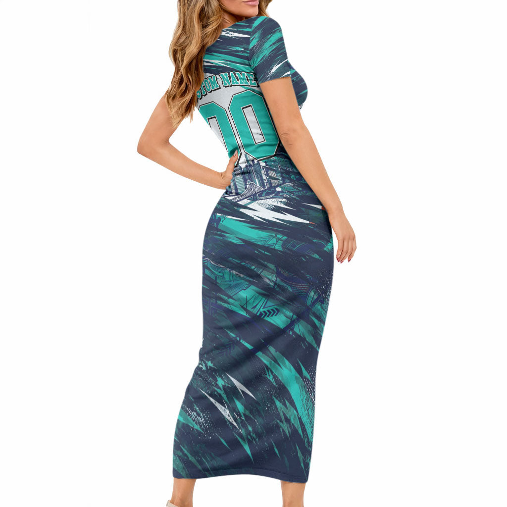 Personalised Brisbane Heat Cricket Fan Pride Short Sleeve Bodycon Dress Dynamic Flaming Cricket Graphic Art With Brisbane Skyline