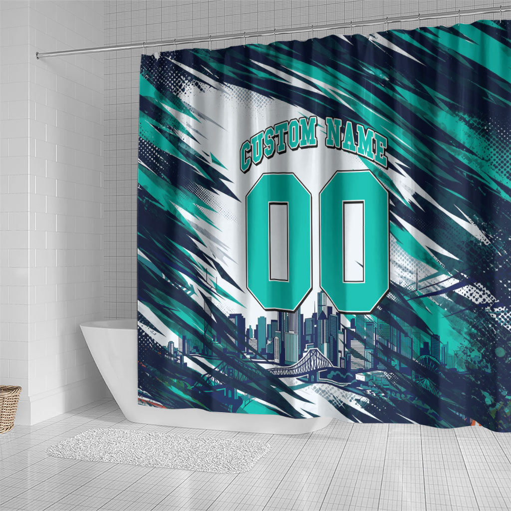 Personalised Brisbane Heat Cricket Fan Pride Shower Curtain Dynamic Flaming Cricket Graphic Art With Brisbane Skyline