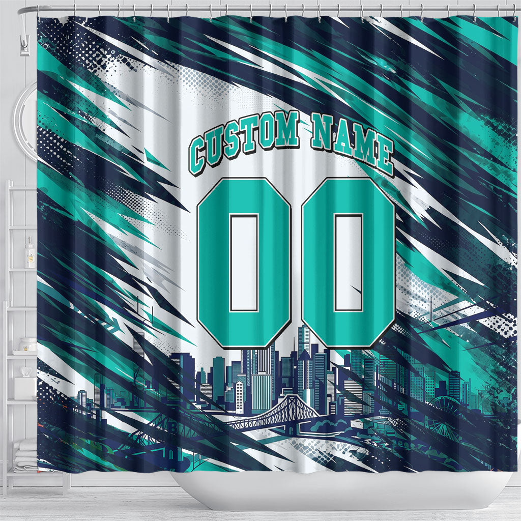 Personalised Brisbane Heat Cricket Fan Pride Shower Curtain Dynamic Flaming Cricket Graphic Art With Brisbane Skyline