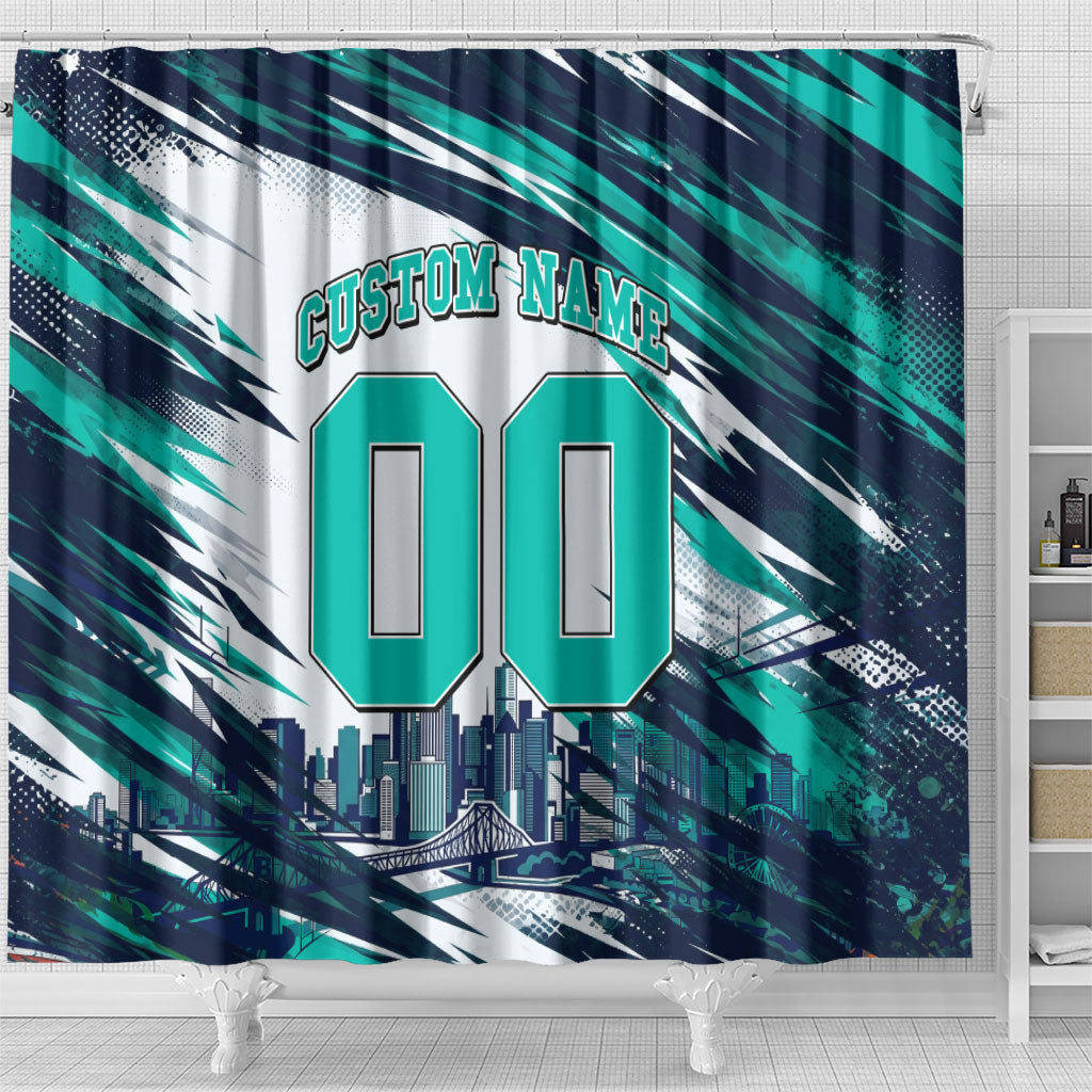 Personalised Brisbane Heat Cricket Fan Pride Shower Curtain Dynamic Flaming Cricket Graphic Art With Brisbane Skyline