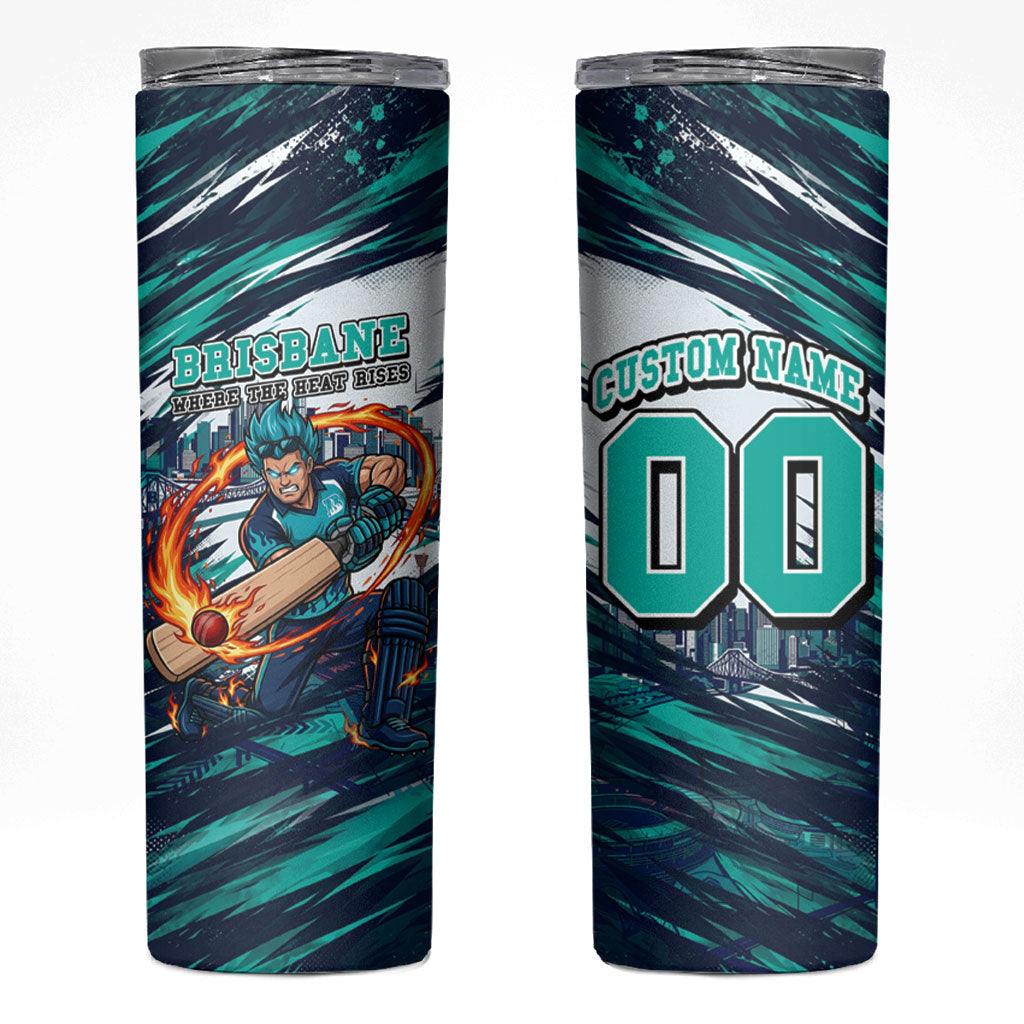 Personalised Brisbane Heat Cricket Fan Pride Skinny Tumbler Dynamic Flaming Cricket Graphic Art With Brisbane Skyline