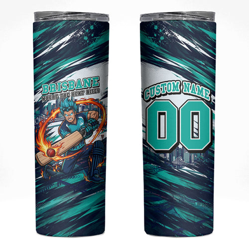 Personalised Brisbane Heat Cricket Fan Pride Skinny Tumbler Dynamic Flaming Cricket Graphic Art With Brisbane Skyline