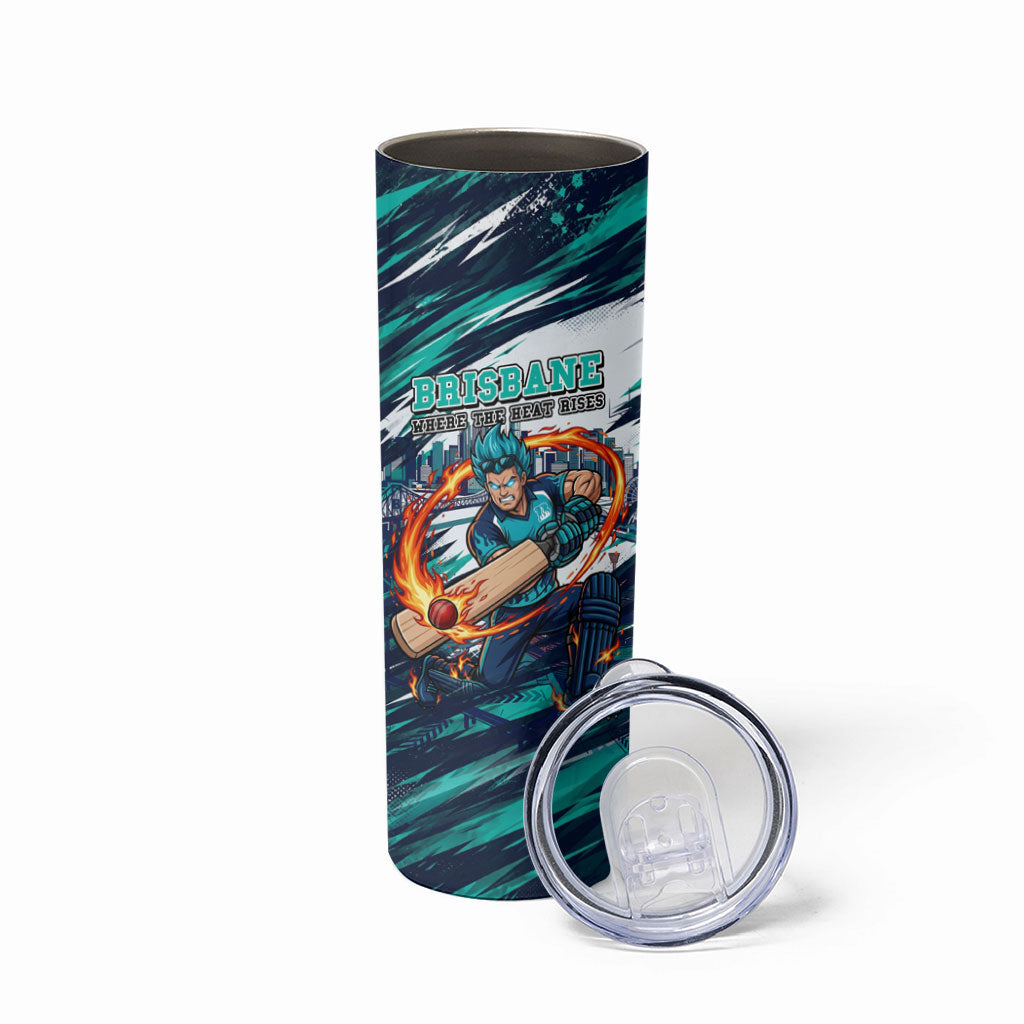 Personalised Brisbane Heat Cricket Fan Pride Skinny Tumbler Dynamic Flaming Cricket Graphic Art With Brisbane Skyline