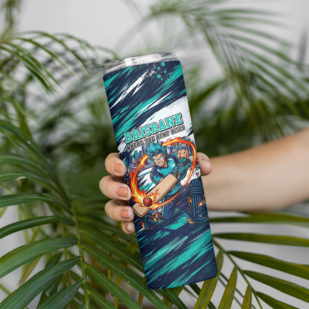 Personalised Brisbane Heat Cricket Fan Pride Skinny Tumbler Dynamic Flaming Cricket Graphic Art With Brisbane Skyline