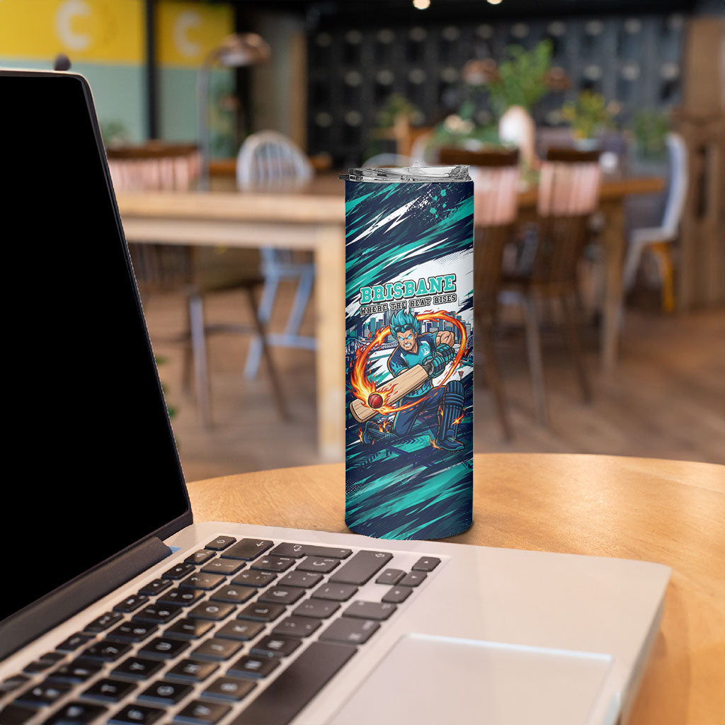 Personalised Brisbane Heat Cricket Fan Pride Skinny Tumbler Dynamic Flaming Cricket Graphic Art With Brisbane Skyline