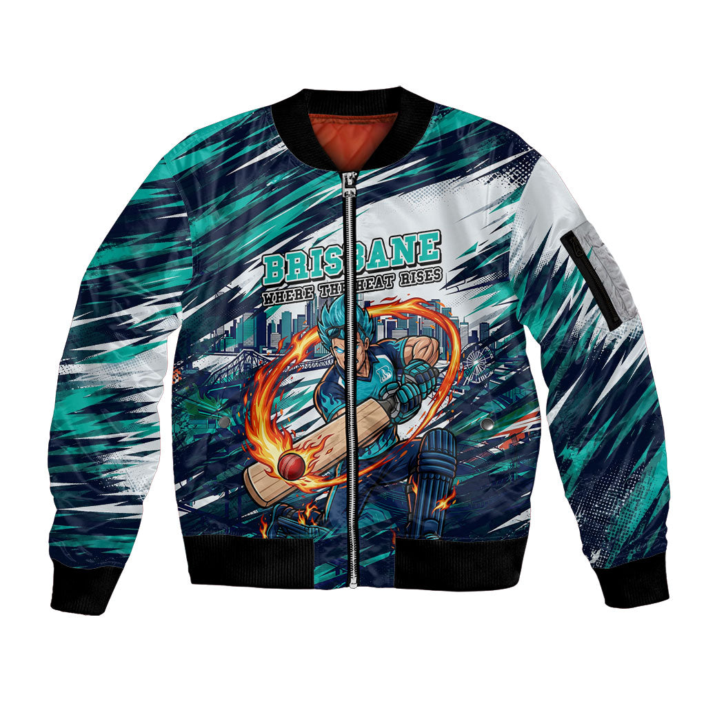 Personalised Brisbane Heat Cricket Fan Pride Sleeve Zip Bomber Jacket Dynamic Flaming Cricket Graphic Art With Brisbane Skyline