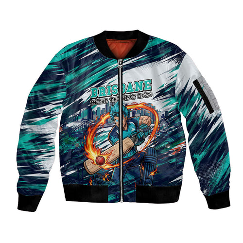 Personalised Brisbane Heat Cricket Fan Pride Sleeve Zip Bomber Jacket Dynamic Flaming Cricket Graphic Art With Brisbane Skyline