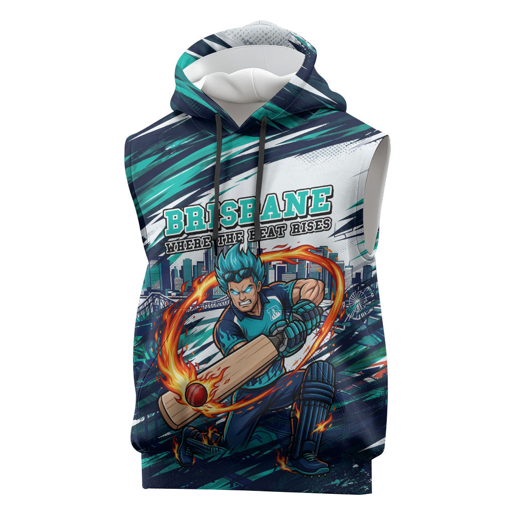 Personalised Brisbane Heat Cricket Fan Pride Sleeveless Hoodie Dynamic Flaming Cricket Graphic Art With Brisbane Skyline