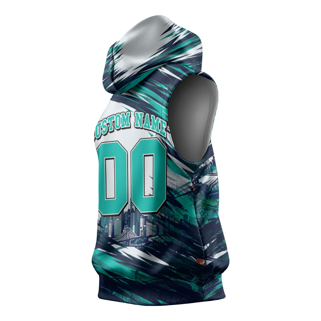 Personalised Brisbane Heat Cricket Fan Pride Sleeveless Hoodie Dynamic Flaming Cricket Graphic Art With Brisbane Skyline