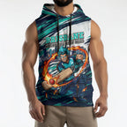 Personalised Brisbane Heat Cricket Fan Pride Sleeveless Hoodie Dynamic Flaming Cricket Graphic Art With Brisbane Skyline