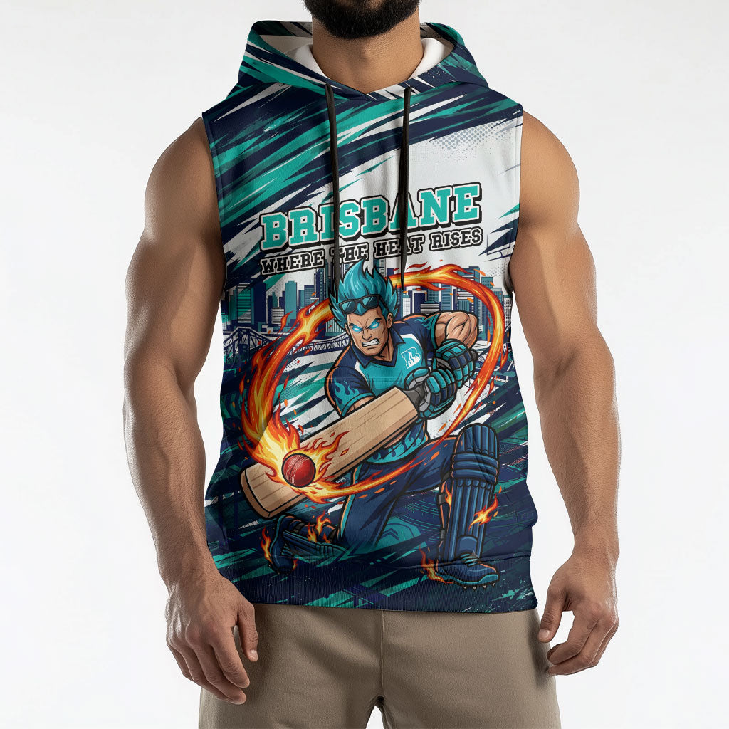 Personalised Brisbane Heat Cricket Fan Pride Sleeveless Hoodie Dynamic Flaming Cricket Graphic Art With Brisbane Skyline