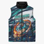 Personalised Brisbane Heat Cricket Fan Pride Sleeveless Puffer Jacket Dynamic Flaming Cricket Graphic Art With Brisbane Skyline