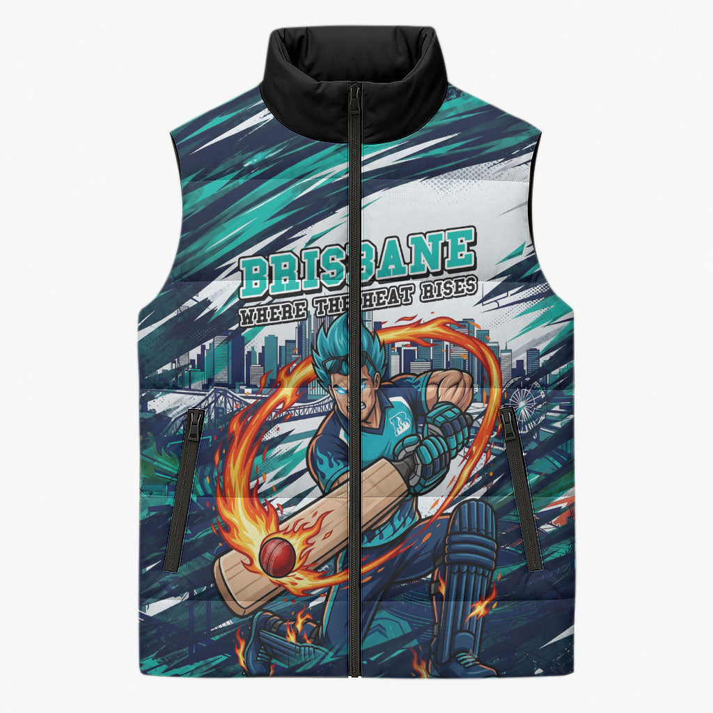 Personalised Brisbane Heat Cricket Fan Pride Sleeveless Puffer Jacket Dynamic Flaming Cricket Graphic Art With Brisbane Skyline