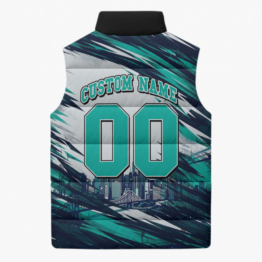 Personalised Brisbane Heat Cricket Fan Pride Sleeveless Puffer Jacket Dynamic Flaming Cricket Graphic Art With Brisbane Skyline