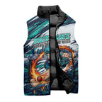 Personalised Brisbane Heat Cricket Fan Pride Sleeveless Puffer Jacket Dynamic Flaming Cricket Graphic Art With Brisbane Skyline