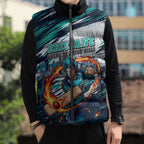 Personalised Brisbane Heat Cricket Fan Pride Sleeveless Puffer Jacket Dynamic Flaming Cricket Graphic Art With Brisbane Skyline