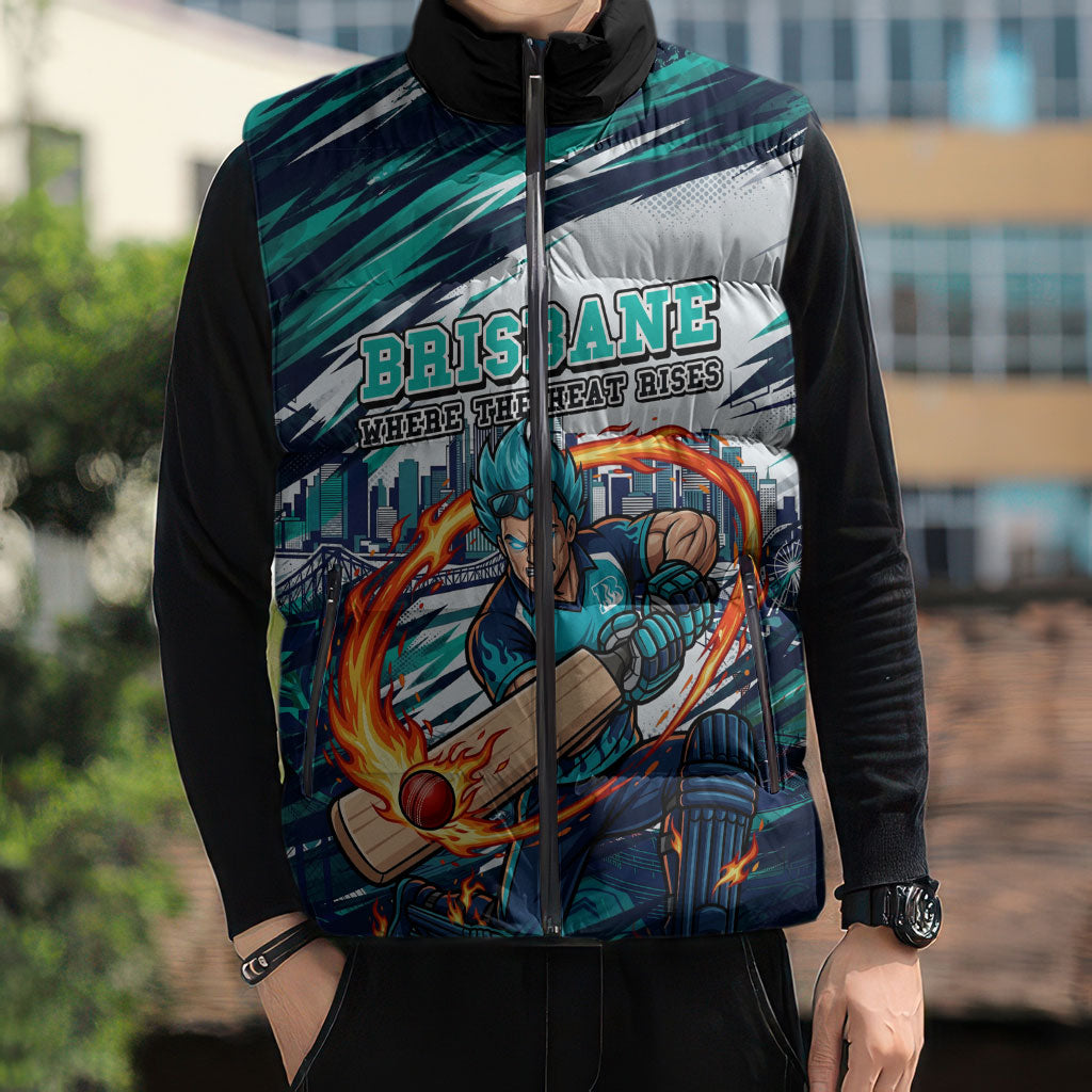 Personalised Brisbane Heat Cricket Fan Pride Sleeveless Puffer Jacket Dynamic Flaming Cricket Graphic Art With Brisbane Skyline