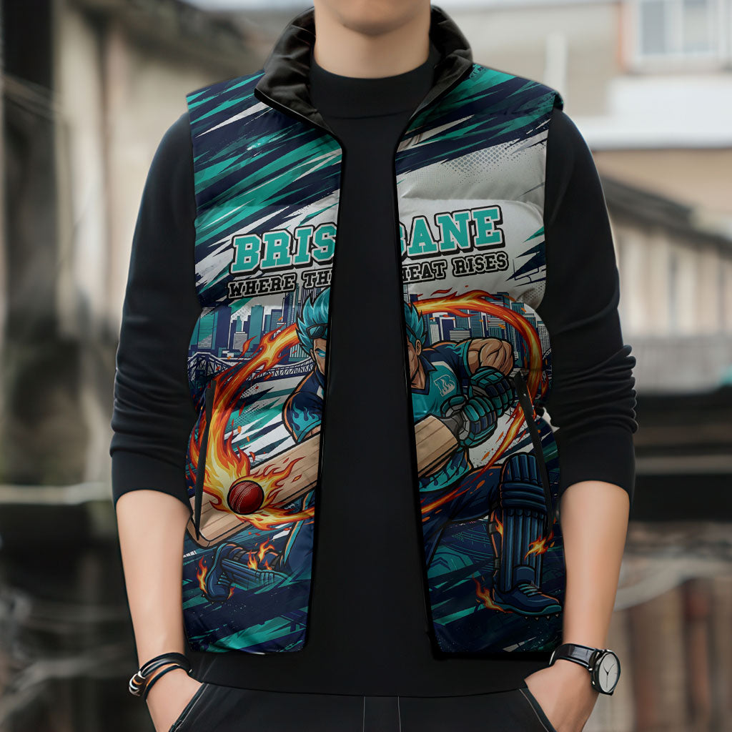 Personalised Brisbane Heat Cricket Fan Pride Sleeveless Puffer Jacket Dynamic Flaming Cricket Graphic Art With Brisbane Skyline