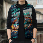 Personalised Brisbane Heat Cricket Fan Pride Sleeveless Puffer Jacket Dynamic Flaming Cricket Graphic Art With Brisbane Skyline