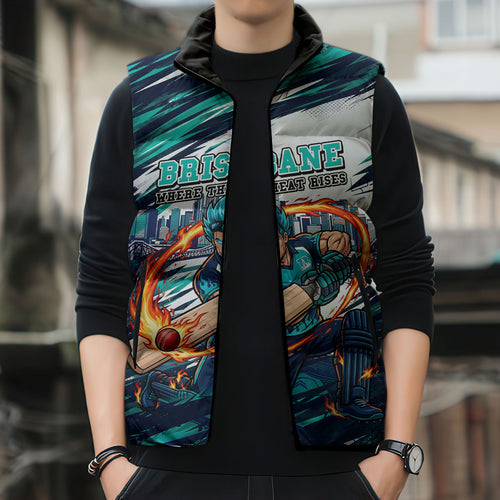 Personalised Brisbane Heat Cricket Fan Pride Sleeveless Puffer Jacket Dynamic Flaming Cricket Graphic Art With Brisbane Skyline