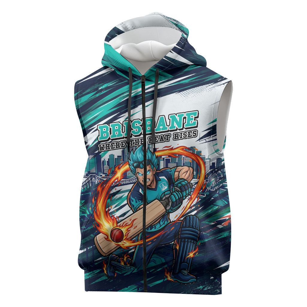 Personalised Brisbane Heat Cricket Fan Pride Sleeveless Zip Hoodie Dynamic Flaming Cricket Graphic Art With Brisbane Skyline