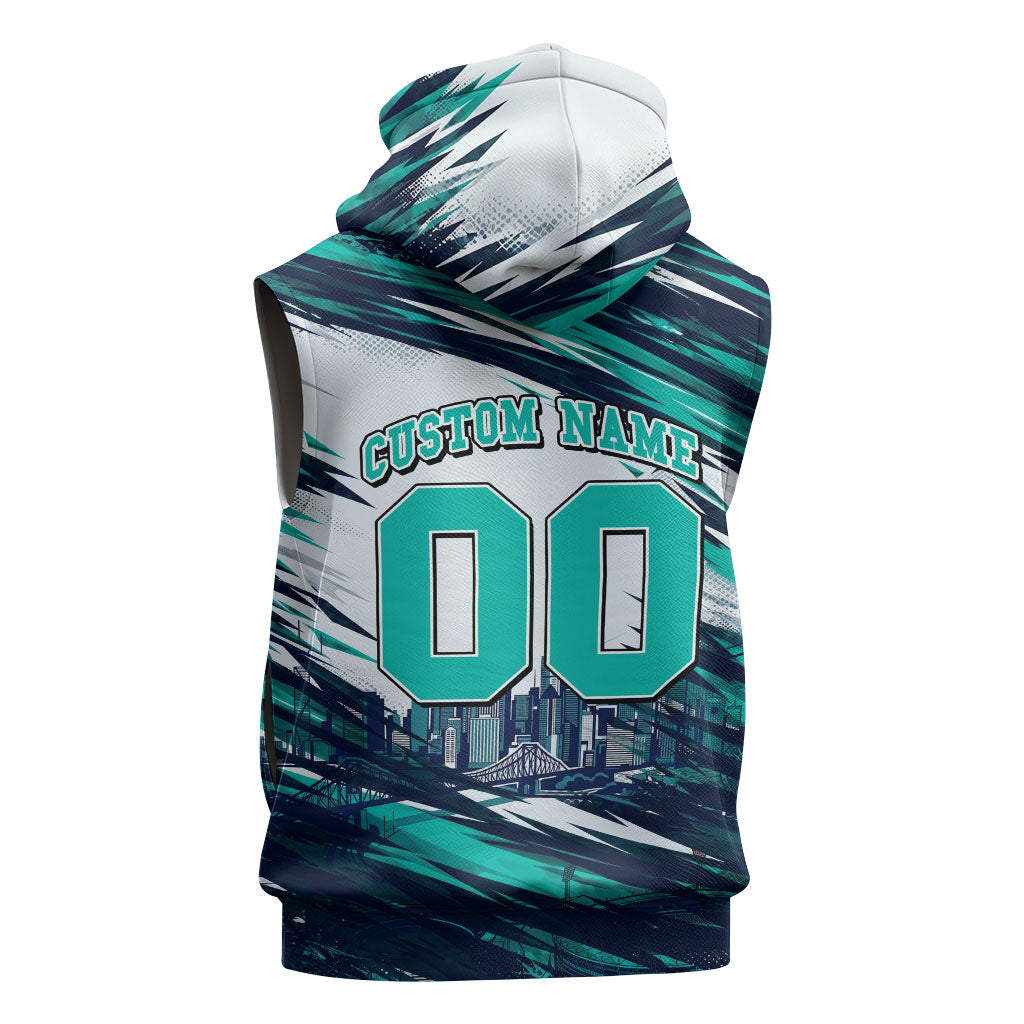 Personalised Brisbane Heat Cricket Fan Pride Sleeveless Zip Hoodie Dynamic Flaming Cricket Graphic Art With Brisbane Skyline
