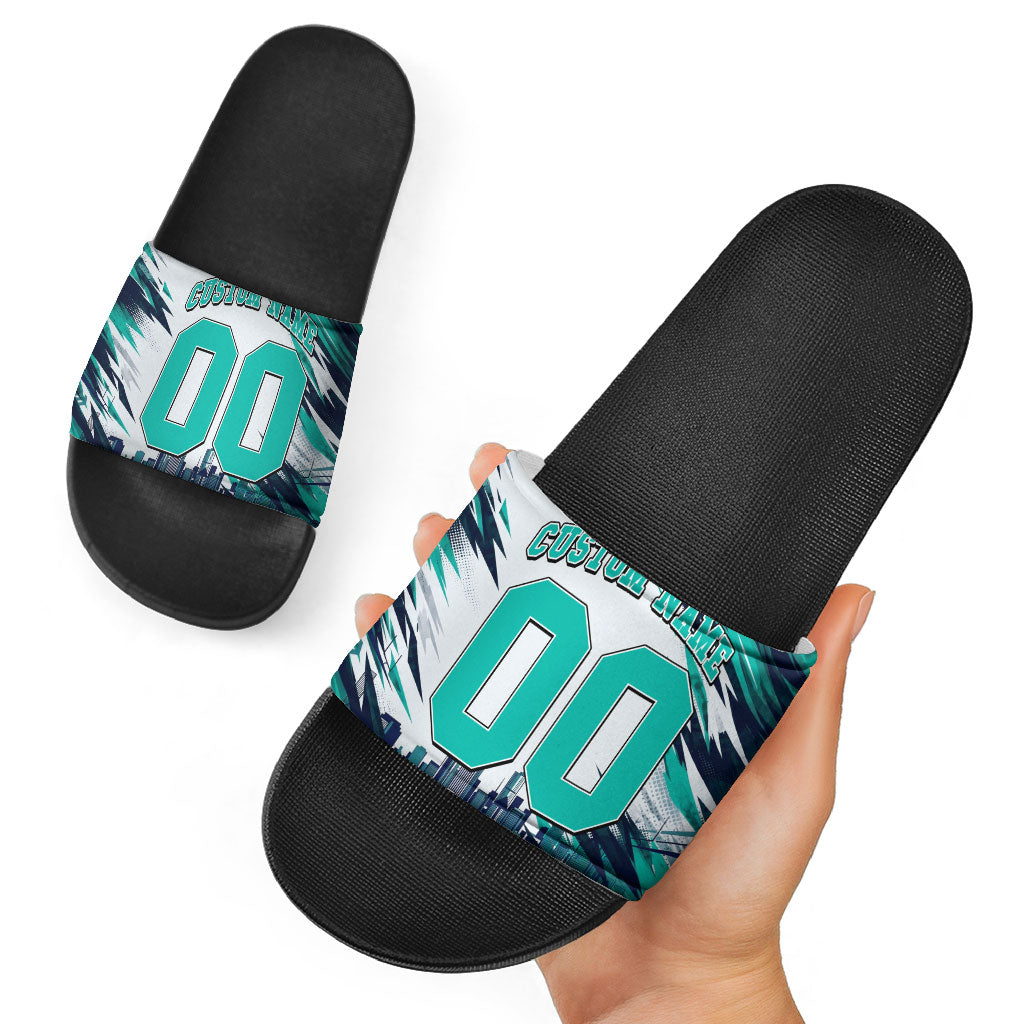 Personalised Brisbane Heat Cricket Fan Pride Slide Sandals Dynamic Flaming Cricket Graphic Art With Brisbane Skyline