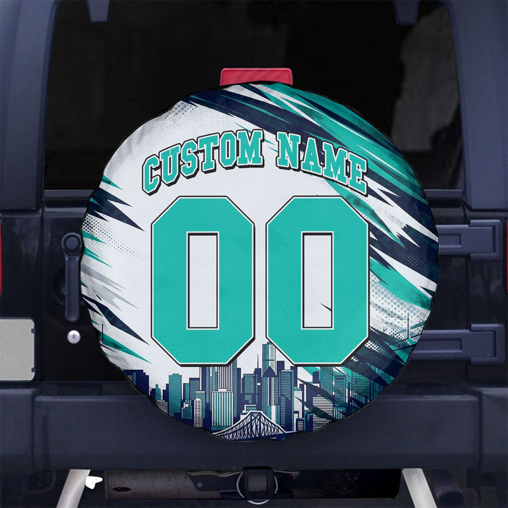 Personalised Brisbane Heat Cricket Fan Pride Spare Tire Cover Dynamic Flaming Cricket Graphic Art With Brisbane Skyline