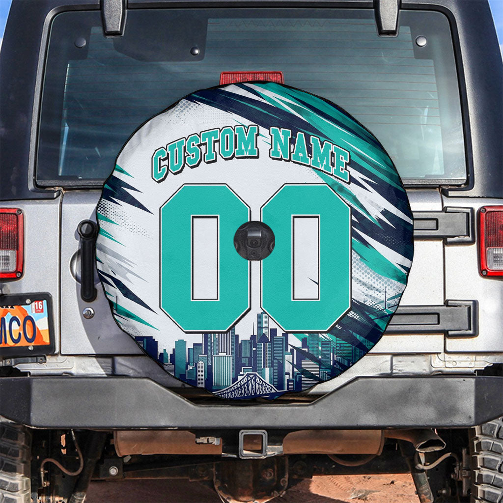 Personalised Brisbane Heat Cricket Fan Pride Spare Tire Cover Dynamic Flaming Cricket Graphic Art With Brisbane Skyline