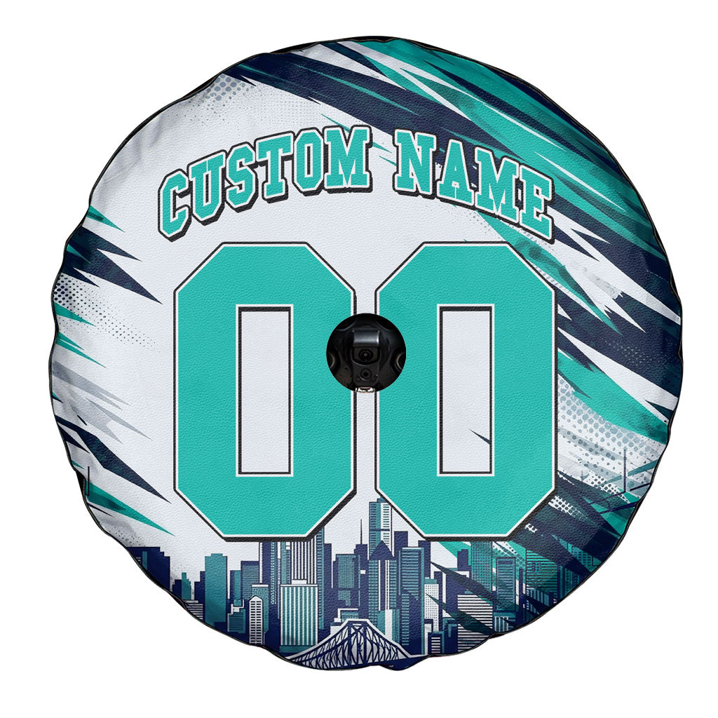 Personalised Brisbane Heat Cricket Fan Pride Spare Tire Cover Dynamic Flaming Cricket Graphic Art With Brisbane Skyline