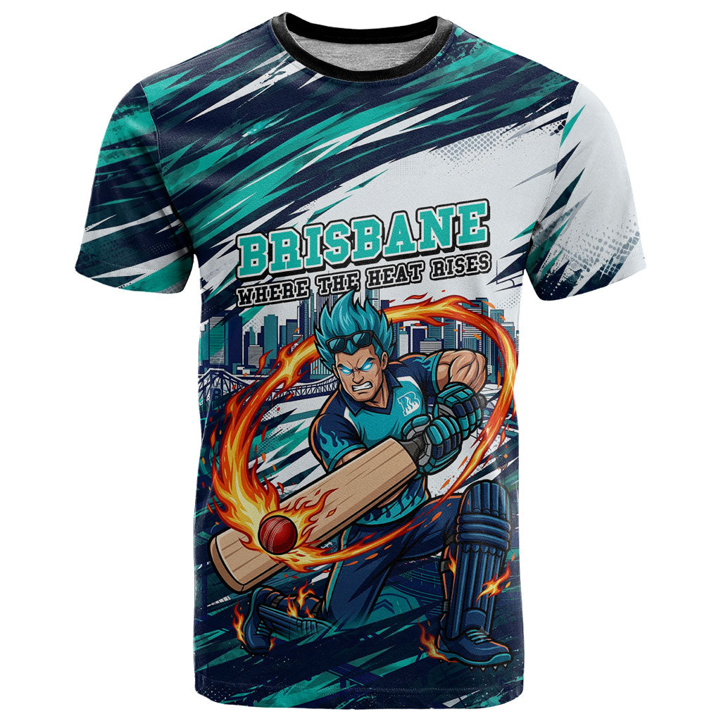 Personalised Brisbane Heat Cricket Fan Pride T Shirt Dynamic Flaming Cricket Graphic Art With Brisbane Skyline
