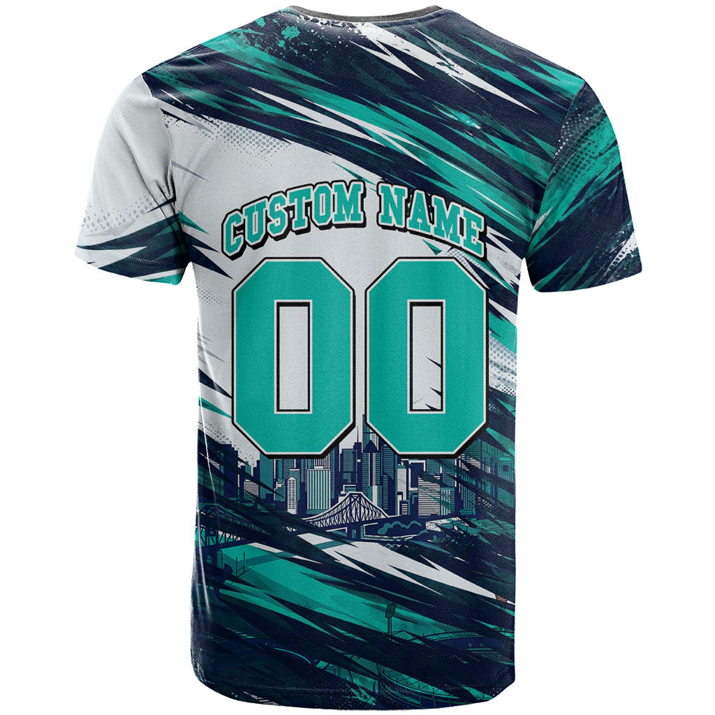 Personalised Brisbane Heat Cricket Fan Pride T Shirt Dynamic Flaming Cricket Graphic Art With Brisbane Skyline