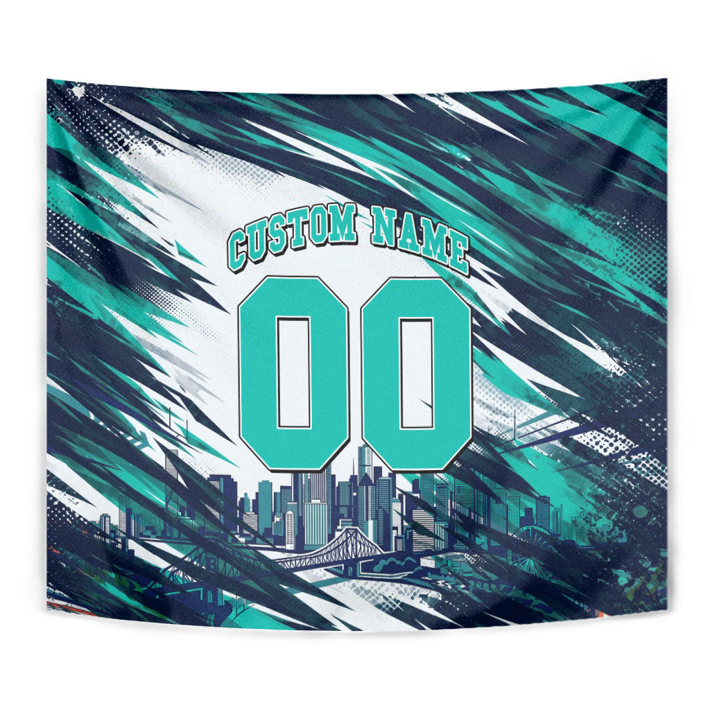 Personalised Brisbane Heat Cricket Fan Pride Tapestry Dynamic Flaming Cricket Graphic Art With Brisbane Skyline