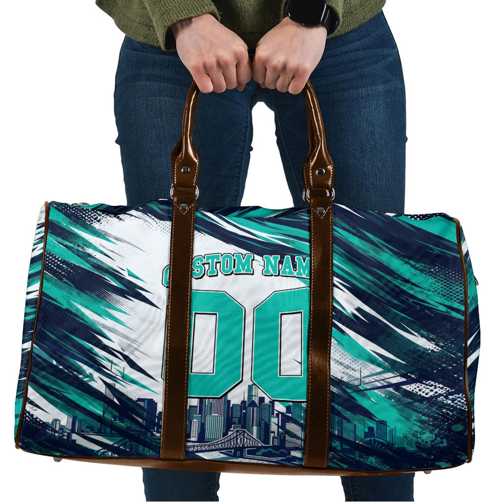 Personalised Brisbane Heat Cricket Fan Pride Travel Bag Dynamic Flaming Cricket Graphic Art With Brisbane Skyline