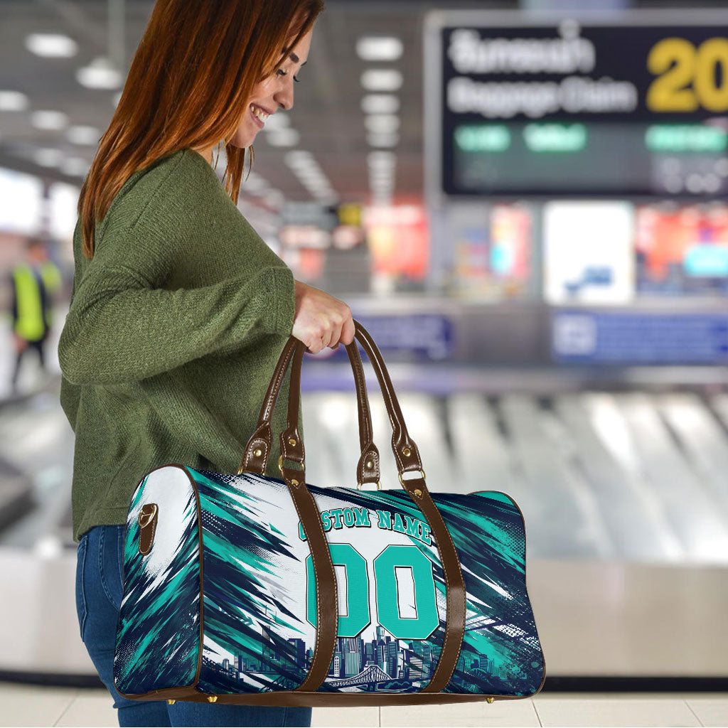 Personalised Brisbane Heat Cricket Fan Pride Travel Bag Dynamic Flaming Cricket Graphic Art With Brisbane Skyline