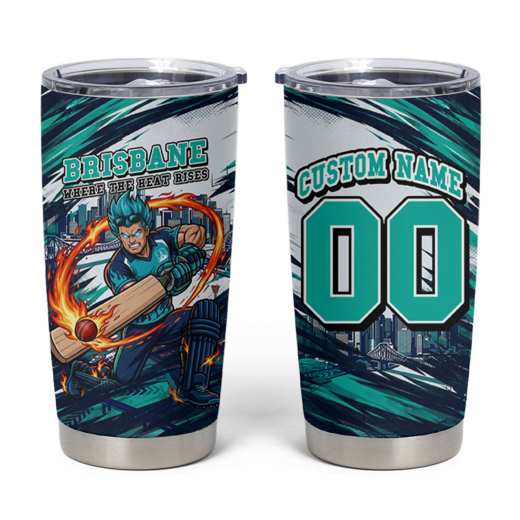Personalised Brisbane Heat Cricket Fan Pride Tumbler Cup Dynamic Flaming Cricket Graphic Art With Brisbane Skyline