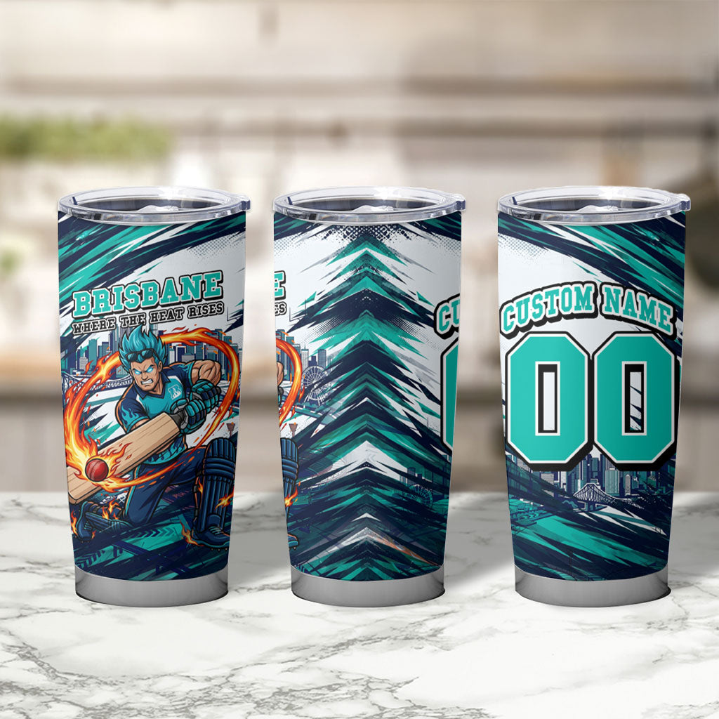 Personalised Brisbane Heat Cricket Fan Pride Tumbler Cup Dynamic Flaming Cricket Graphic Art With Brisbane Skyline