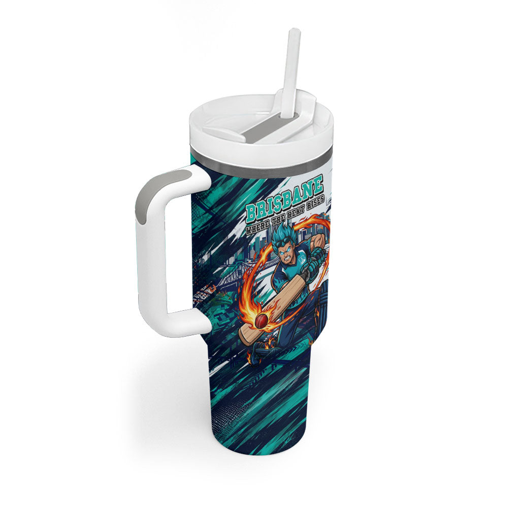Personalised Brisbane Heat Cricket Fan Pride Tumbler With Handle Dynamic Flaming Cricket Graphic Art With Brisbane Skyline