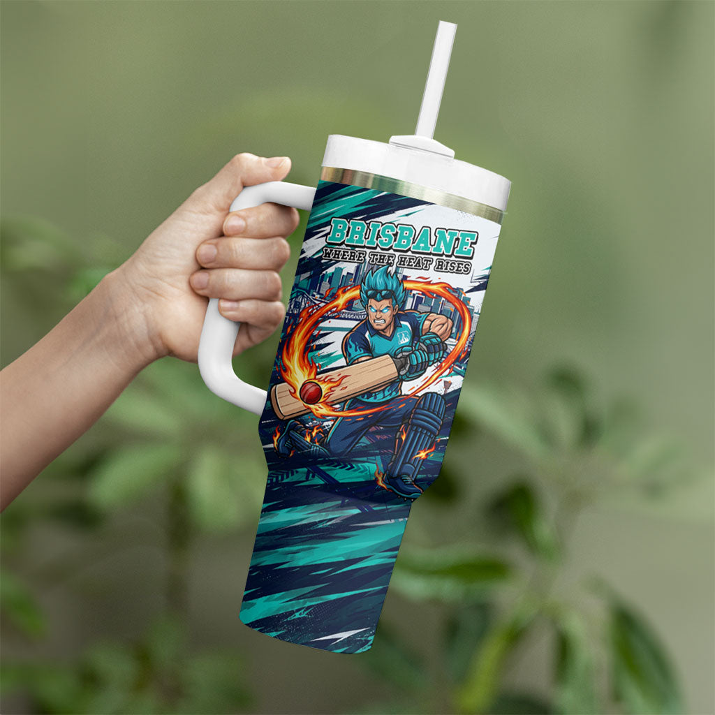 Personalised Brisbane Heat Cricket Fan Pride Tumbler With Handle Dynamic Flaming Cricket Graphic Art With Brisbane Skyline