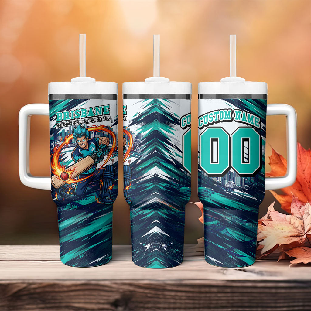 Personalised Brisbane Heat Cricket Fan Pride Tumbler With Handle Dynamic Flaming Cricket Graphic Art With Brisbane Skyline