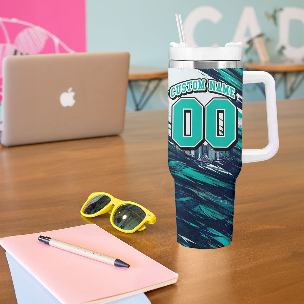 Personalised Brisbane Heat Cricket Fan Pride Tumbler With Handle Dynamic Flaming Cricket Graphic Art With Brisbane Skyline