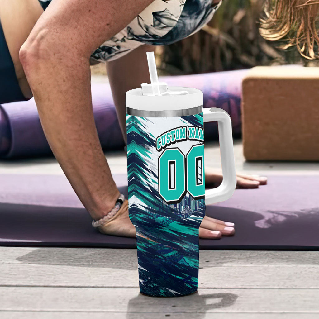 Personalised Brisbane Heat Cricket Fan Pride Tumbler With Handle Dynamic Flaming Cricket Graphic Art With Brisbane Skyline