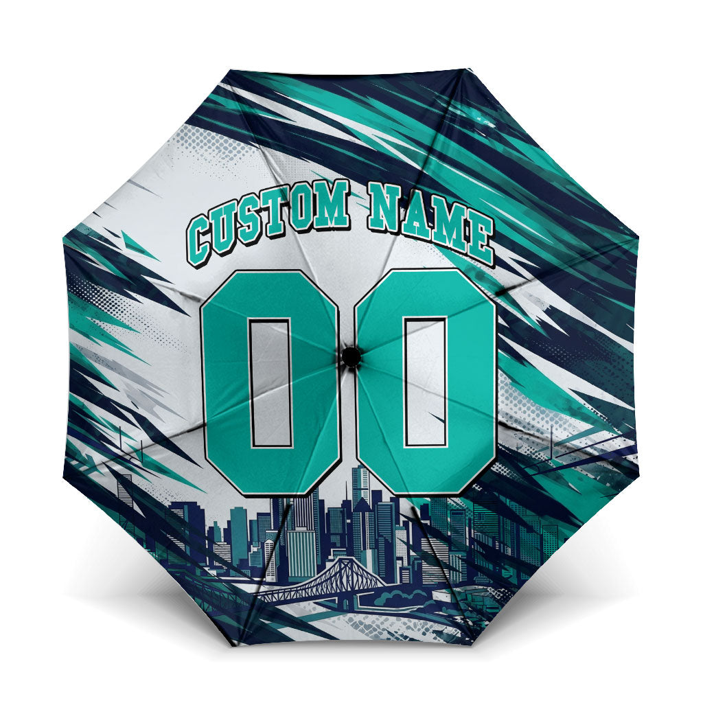 Personalised Brisbane Heat Cricket Fan Pride Umbrella Dynamic Flaming Cricket Graphic Art With Brisbane Skyline